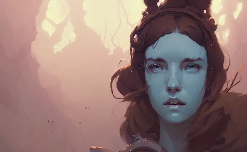 Image similar to portrait of female druid by atey ghailan, by greg rutkowski, by greg tocchini, by james gilleard, by joe fenton, by kaethe butcher, digital art, trending on artstation, highly detailed, concept art, dynamic lighting, gradient light blue, brown, blonde cream and white color scheme, grunge aesthetic