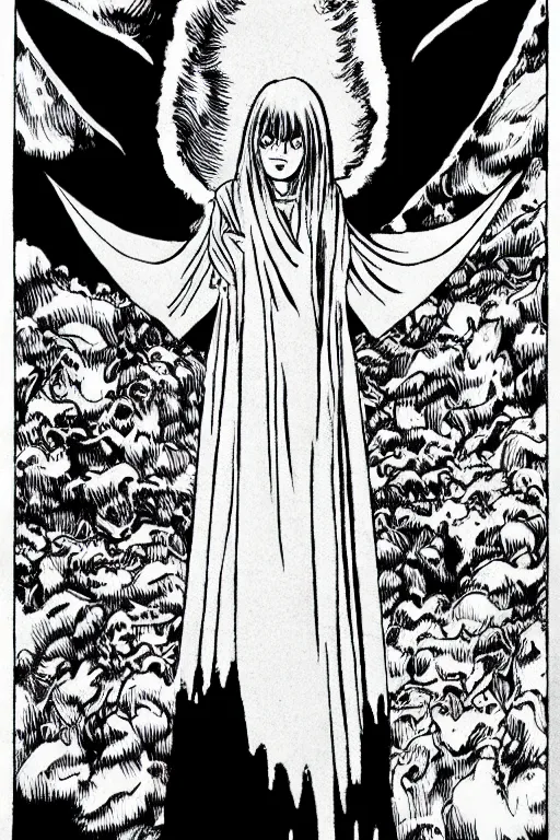 Image similar to angel of death smiling in the dark night, junji ito,