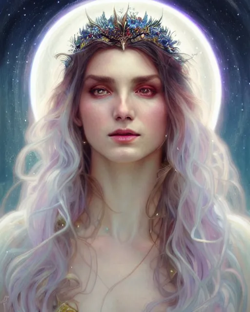 Image similar to realistic portrait of a beautiful white witch, bright, beautiful, heroic pose, beautiful face, magic, full body, dramatic lighting, intricate, wild, highly detailed, digital painting, artstation, concept art, smooth, sharp focus, illustration, art by artgerm and greg rutkowski and alphonse mucha, footage from space camera