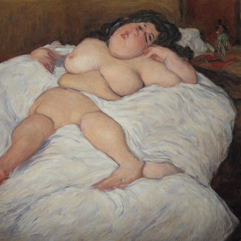 Prompt: a beautiful painting of a single beautiful fat woman laying in bed with white sheets drinking coffee in the style of Monet