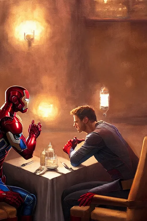 Image similar to iron man and captain america sit across from each other in a romantic restaurant, candlelit, style of greg rutkowski