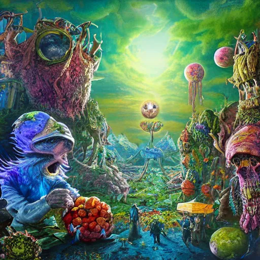 Image similar to extraterrestrial rebirth of life in the land as new era of peace and prosperity begins, flowers and fruits, banners, on ancient post - apocalyptic planet, jim henson creature shop, vivid and colorful, thomas kincaid, cinematic, oil painting, highly detailed, illustration