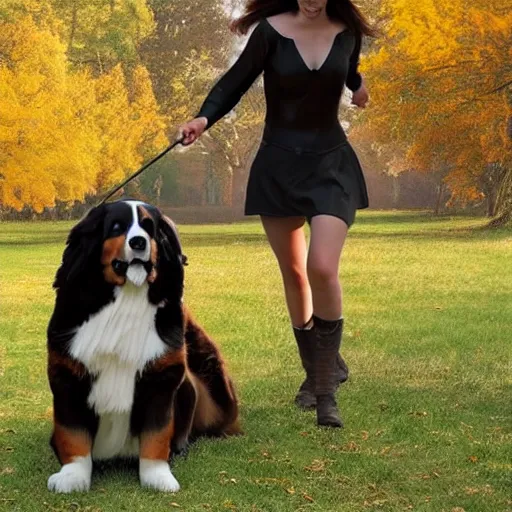 Image similar to girl riding giant Bernese Mountain Dog in the park, trending on artstation