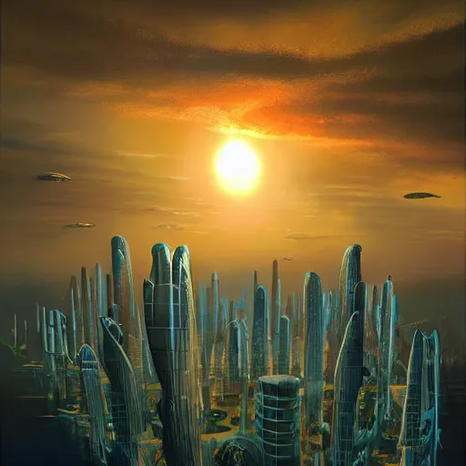 Image similar to bio-futurism, utopian city,differential growth,beautiful sunset,panoramic,michael whelan,photorealistic,detailed