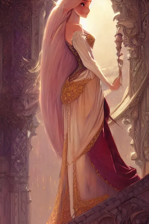 Image similar to Rapunzel, fantasy, intricate, elegant, highly detailed, digital painting, artstation, concept art, matte, sharp focus, illustration, art by Artgerm and Greg Rutkowski and Alphonse Mucha