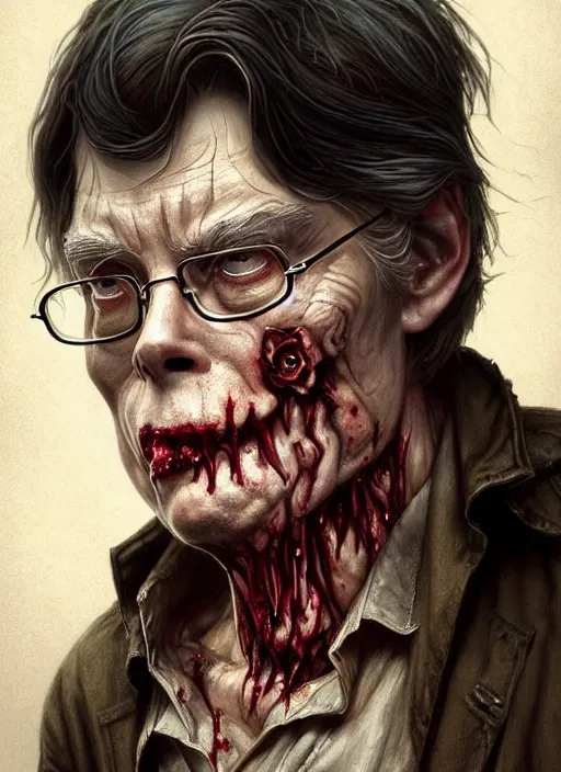 Image similar to stephen king as a zombie, deep focus, d & d, fantasy, intricate, elegant, highly detailed, digital painting, artstation, concept art, matte, sharp focus, illustration, hearthstone, art by artgerm and greg rutkowski and alphonse mucha