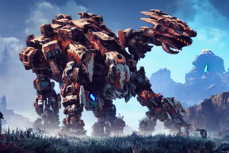 Image similar to tremortusk machine mecha animal beast robot of horizon forbidden west horizon zero dawn bioluminiscence global illumination ray tracing hdr fanart arstation by sung choi and eric pfeiffer and gabriel garza and casper konefal