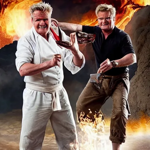 Prompt: candid shot of gordon ramsey is indiana jones finding the lamb sauce, indiana jones