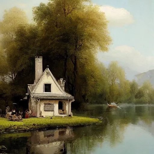 Image similar to a house by the lake painted by geoffroy thoorens