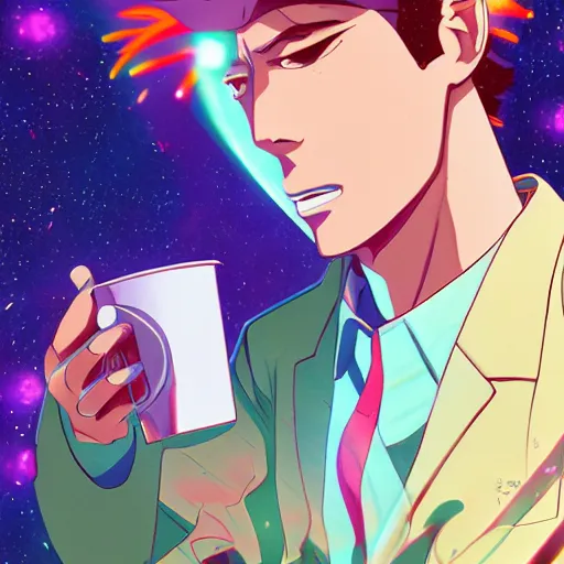 Image similar to A man drinking a cup of cosmic energy bright light by Masafumi Harada, 4k, digital art, surreal, anime style, space dandy style, highly detailed, godsend, artstation