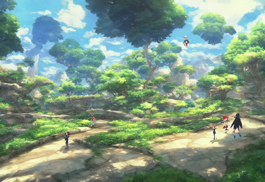 Prompt: pokemon as an open-world videogame, concept art, makoto shinkai