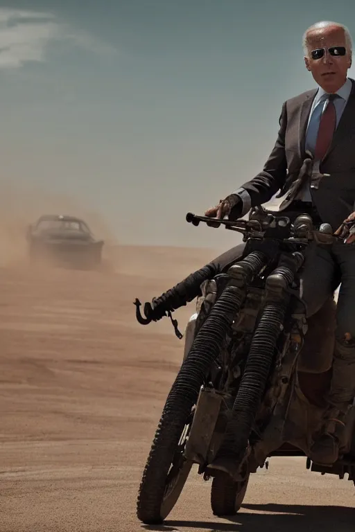 Image similar to [a still of Joe Biden in the movie Mad Max (2015), 4k, HD, high quality, octane]