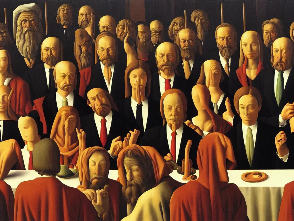 Image similar to crowded last supper painting magritte, renaissance, american gothic, detailed faces