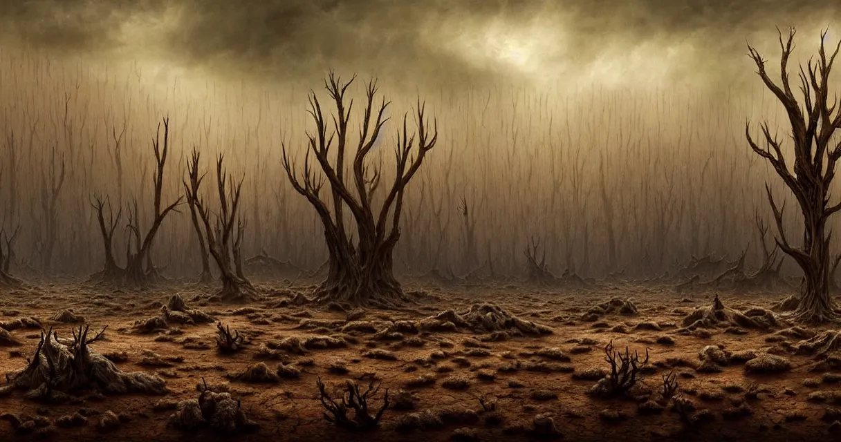 Prompt: epic professional digital art of hungry barren desert with dessicated forest, faint golden moody atmospheric lighting, painted, intricate, detailed, detailed, foreboding, by leesha hannigan, wayne haag, reyna rochin, ignacio fernandez rios, mark ryden, iris van herpen,, epic, stunning, gorgeous, much wow, cinematic, masterpiece.