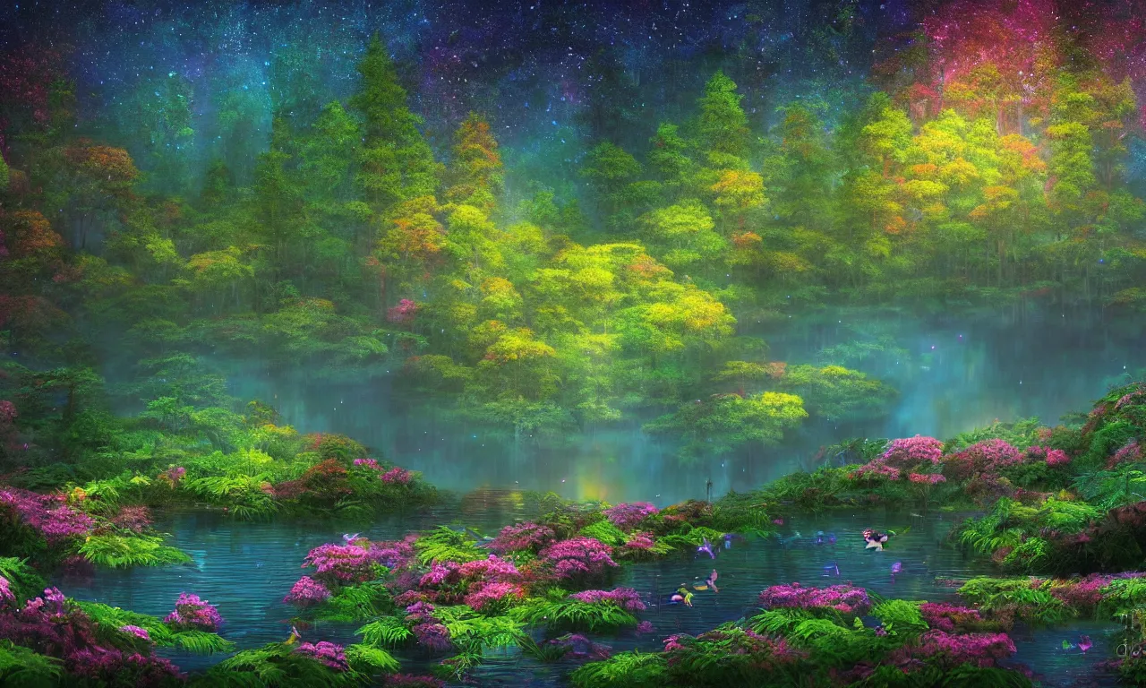 Prompt: photograph of a beautiful lake lake lake in a dense mystic forest, colored flowers, mystic hues, bioluminescence bioluminescence , breathtaking lights shining, psychedelic fern, tyndall effect, fireflies fireflies fireflies fireflies, dense forest, foggy, 4k, hyper detailed, Acid Pixie, by thomas kinkade and lee madgwick