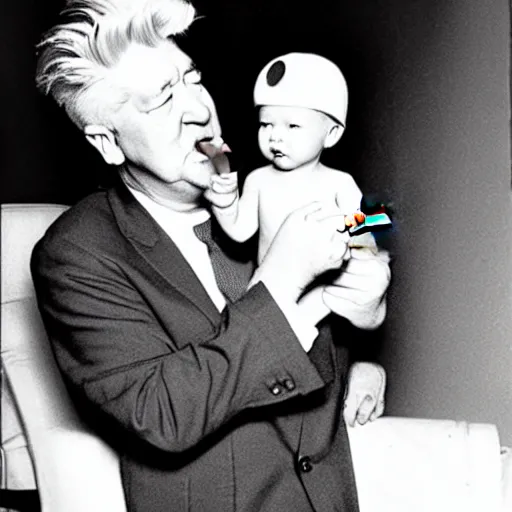 Prompt: david lynch as a baby smoking a cigar h 6 4 0