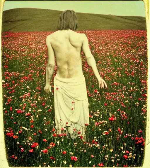 Image similar to mystical death god standing in tall meadow of flowers, distant, vintage film photo, grainy, high detail, high resolution