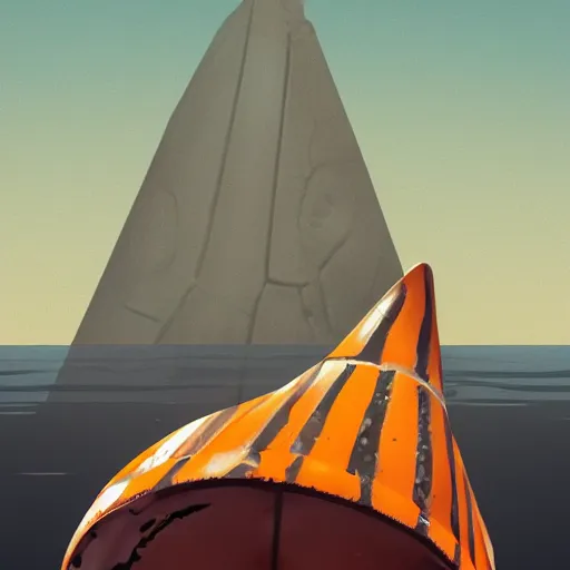 Image similar to cracked orange and white striped traffic cone with shark teeth breaking through the cracks, ocean background detailed atmospheric - ron cheng & alphonse mucha, highly detailed, digital painting, ray tracing, concept art, illustration, smooth sharp focus, intricate, symmetry, artstation,