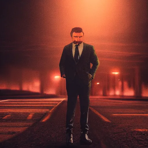 Image similar to dream A portrait of a man, by Karl Wiener, nighttime foreground, abstract!!!, figurative, unreal!!! engine!!!, pen, dark! colors, dirt brick road, Unity, (Octane Render)