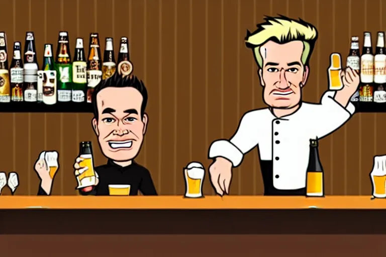 Prompt: a drunken bottle of beer stands a bar yelling at the bar tender, caricature of gordon ramsey