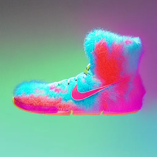 Image similar to poster nike shoe made of very fluffy colorful faux fur placed on reflective surface, professional advertising, overhead lighting, heavy detail, realistic by nate vanhook, mark miner