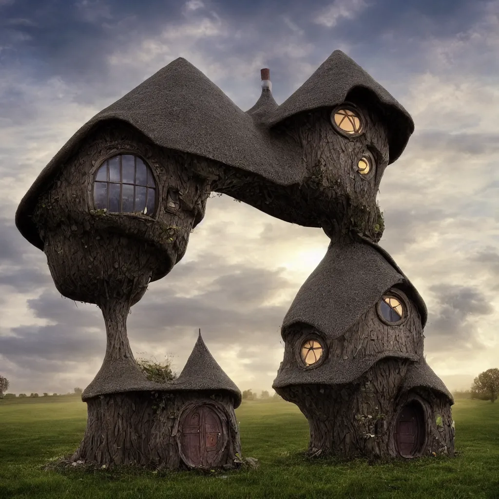 Prompt: a lone techno hobbit house at the top of a tower in the middle of a field, dramatic lighting, award winning, in the style of callebaut, vincent