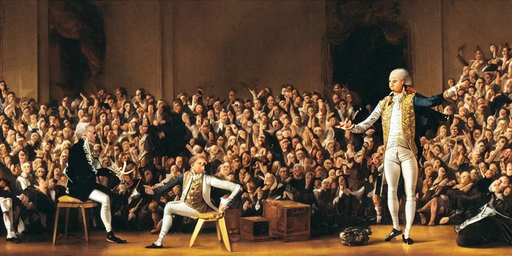 Image similar to wolfgang amadeus mozart performing a rap concert in front of ducks, the crowd are ducks, he is wearing clothes like money boy, he ha swag, the groupies are waiting in a queue to get their turn