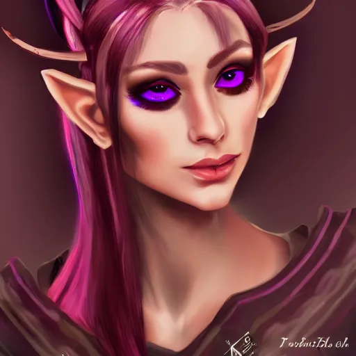 Image similar to portrait of a female high elf with magenta eyes and dark hair, digital art dnd beyond trending on art station 8 k