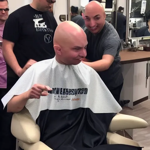 Image similar to people pointing at a bald person, shaving head while people point, everyone watching someone shave their head, pointing at a bald person, people with hair laughing at bald people, cornering a bald person, scared bald people