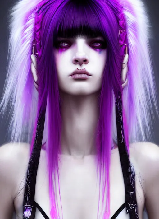 Image similar to hair whitebangs hair, black cyberlox, portrait of normal teenage girl, white bangs, messy bangs, fluffy bangs, cyberlox, whitebangs, red irises, purple background, intricate, elegant, highly detailed, digital painting, artstation, concept art, sharp focus, smooth, illustration, art by wlop, mars ravelo and greg rutkowski