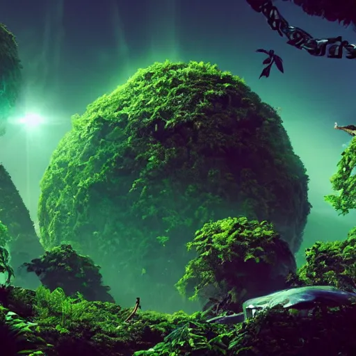 Prompt: cinema 4D cinematic render, utopian jungle in space ,a detailed zoned in human anatomy veins, nature, heavy green, dramatic lens flares,far view apes hanging from vines, a evil dark sun , depth field, unreal engine, sharp, incredible detail, professional composition, quality digital art, 4k, 4k concept art and hyper realism