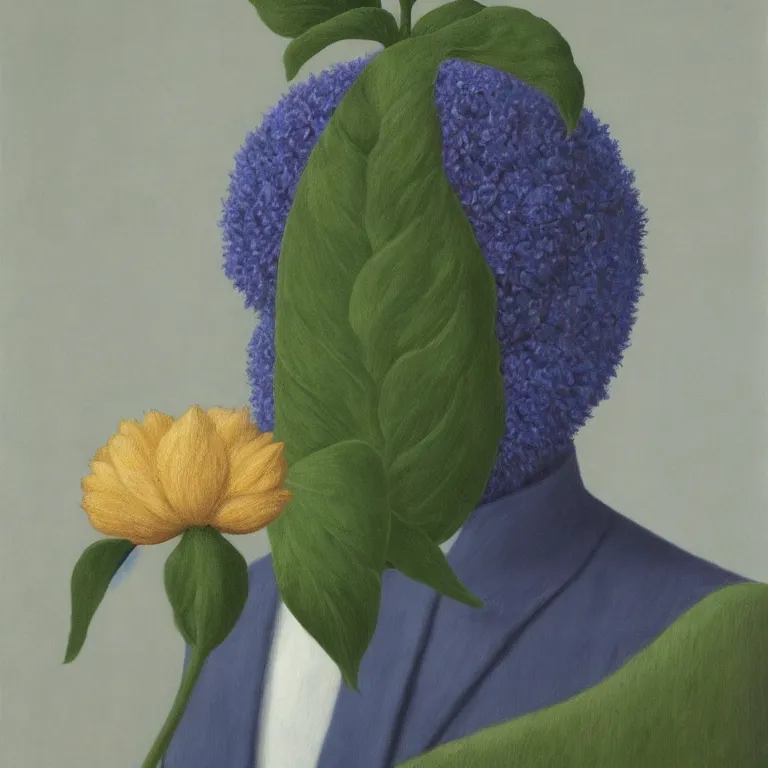 Image similar to portrait of a faceless flower - head man by rene magritte, detailed painting, distance, centered, hd, hq, high resolution, high detail, 4 k, 8 k