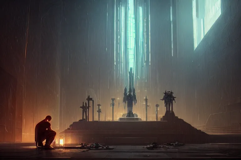 Prompt: sci fi cyberpunk fantasy art a man prays at the altar to the god of machines, by greg rutkowski ultrahd dark volumetric lighting hyper detailed unreal engine octane render