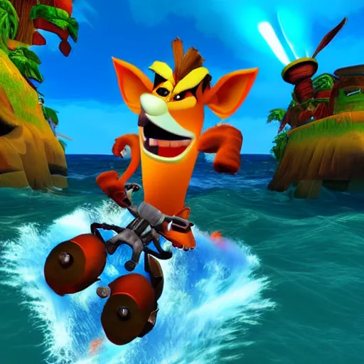 Prompt: crash bandicoot riding a monkey in an ocean