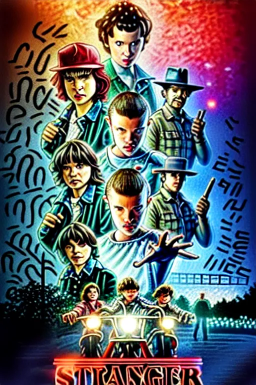 Image similar to Stranger Things Season 5 Poster, high resolution, hyper detailed, intricate, photorealistic, all cast members, netfilx !n-9