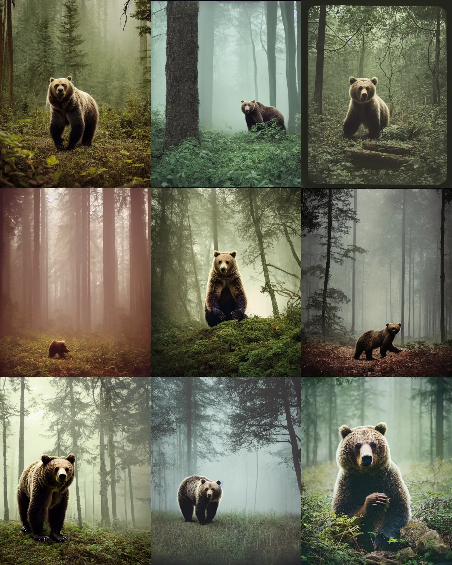 Prompt: grizzly bear in forest jungle , Cinematic focus, Polaroid photo, vintage , neutral dull colors, foggy mist , by discovery channel, by oleg oprisco , by national archives, by victor enrich , by gregory crewdson