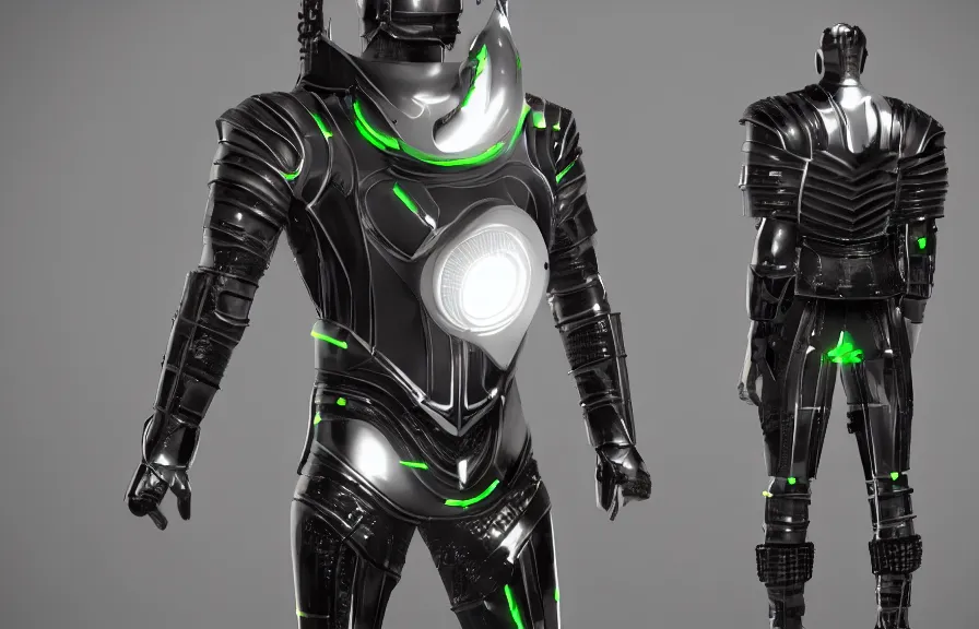 Image similar to futuristic warrior with latex and steel details, with his back to the viewer, futuristic space suite with neon elements, back light, full body view, 8 k, 3 d render, cinematic lighting