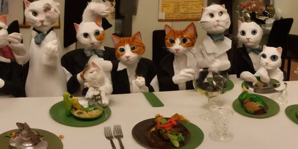 Image similar to claymation cats dressed fancy eating a delicious meal wiith the company of good friends