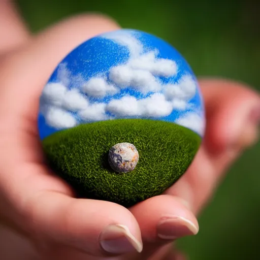 Prompt: Holding miniature Earth in Hands, with small fluffy clouds floating around miniature earth, small boats on the miniature Earth, 40nm lens, wide angle, shallow depth of field, 4k,