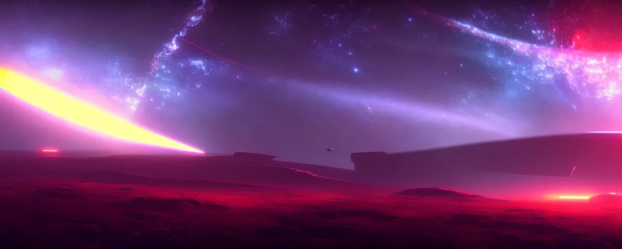 Prompt: cinematic render of beautiful atmospheric space, nebula, homeworld skies, volumetric lighting, fog, smoke, john harris colours, artstation