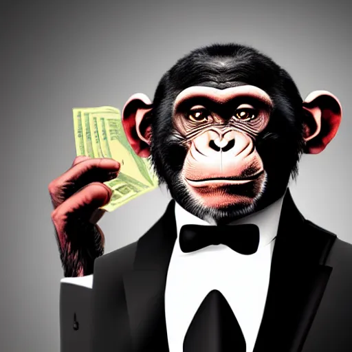 Prompt: A chimp wearing a tuxedo, smoking a cigar, holding cash. GTA style, dark background, studio lighting