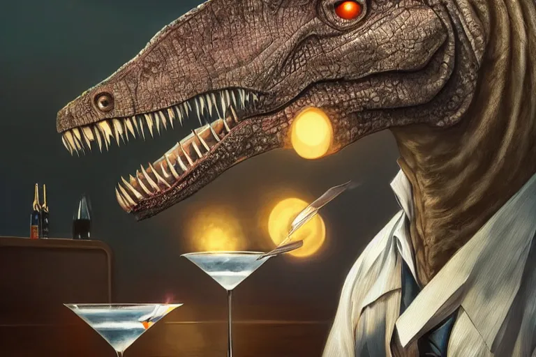 Prompt: portrait painting of a tyranosaurus rex wearing a tie and drinking a martini, ultra realistic, concept art, intricate details, serious, highly detailed, photorealistic, octane render, 8 k, unreal engine. art by artgerm and greg rutkowski and alphonse mucha