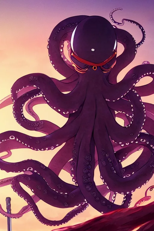 Image similar to key anime visuals of a octopus mixed with a ninja. a katana in his tentacle. the octopus is dressed as a ninja. highly detailed, intricate, directed by makoto shinkai, anime manga style, trending on art station.