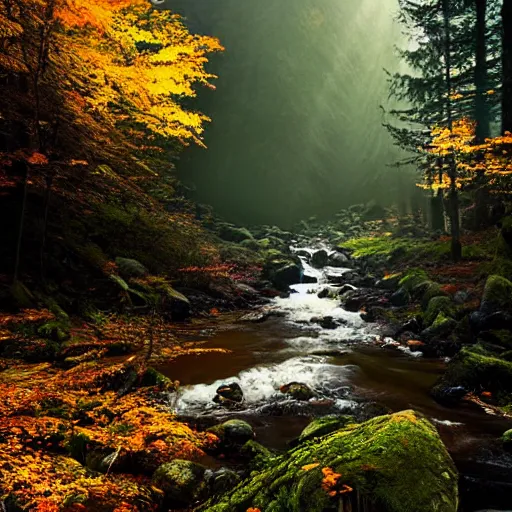 Prompt: beautiful mountain view next to a stream flowing, beautiful autumn morning, sunshine rays coming through the misty forest, ominous evil necromancer floating above the river staring at you. Magic realism hyperrealism photo-realistic lifelike maximalist psychedelic photography by Greg Rutowski and Keith Thompson 8k