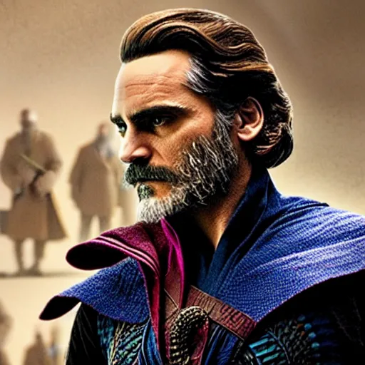 Image similar to A still of Joaquin Phoenix as Dr. Strange. Extremely detailed. Beautiful. 4K. Award winning.