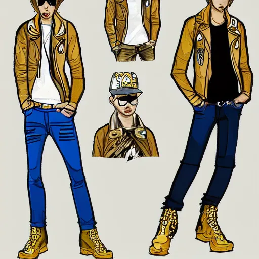 Prompt: fashion drawing of really cool guy standing, wearing a leather jacket, gold chains and a white t shirt, jeans and boots, cartoon drawing, high detail, characture, attitude, personality, street vibes