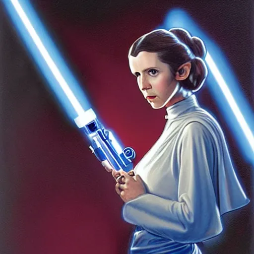 Prompt: Princess Leia holding a blue lightsaber, by the Brothers Hildebrandt