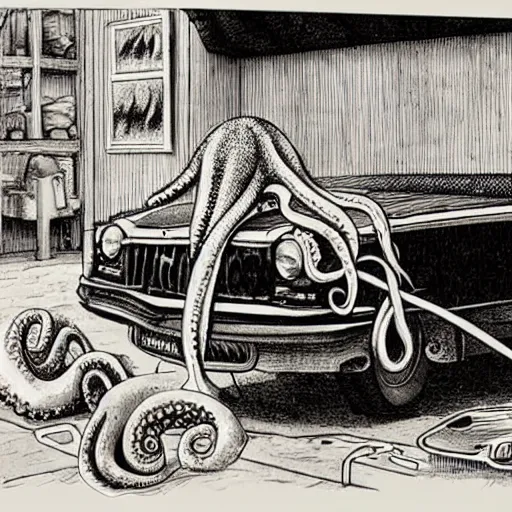 Prompt: a realistic octopus in a car repair shop, engraving, ink, edward gorey