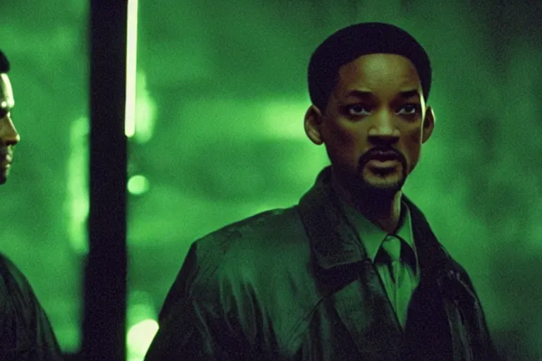 Prompt: will smith as a character from the matrix, cinematic, movie still, dramatic lighting, matrix code,!! by bill henson!!, green color theme