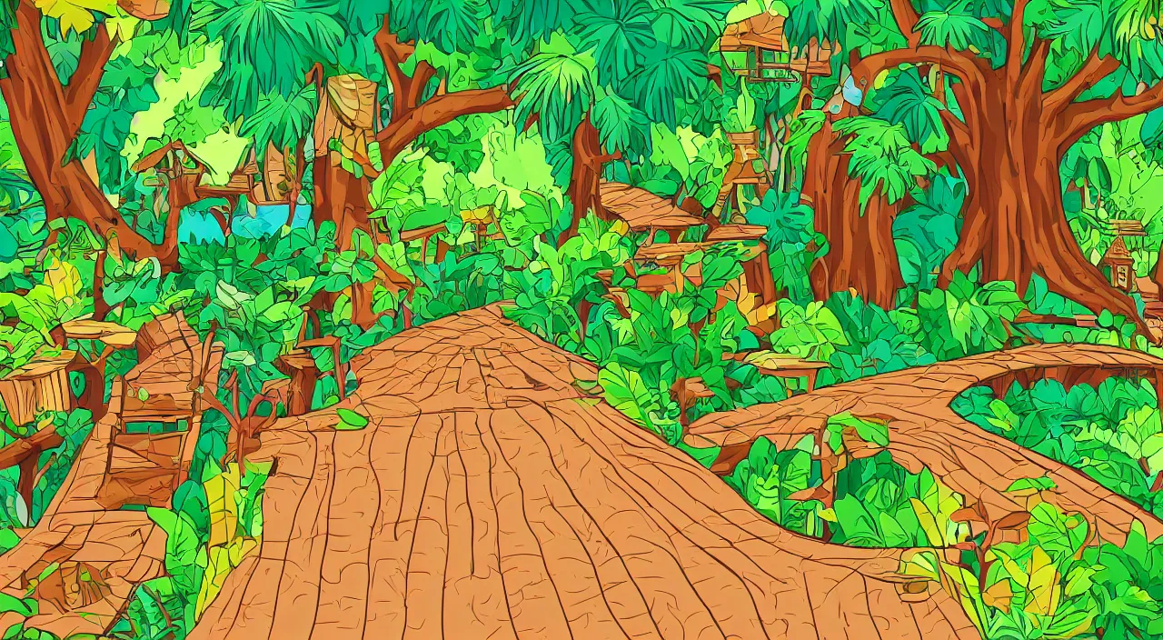 Prompt: cartoon vector graphics art of a jungle with treehouses connected by curved wooden bridges